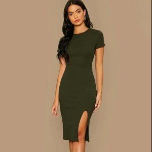 Midi Dress with slit - Olive Green Rib Knit  with Slit - Size S